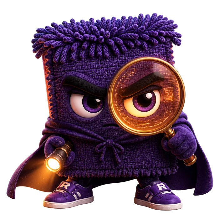 Original purple Ruggy detective examining the evidence